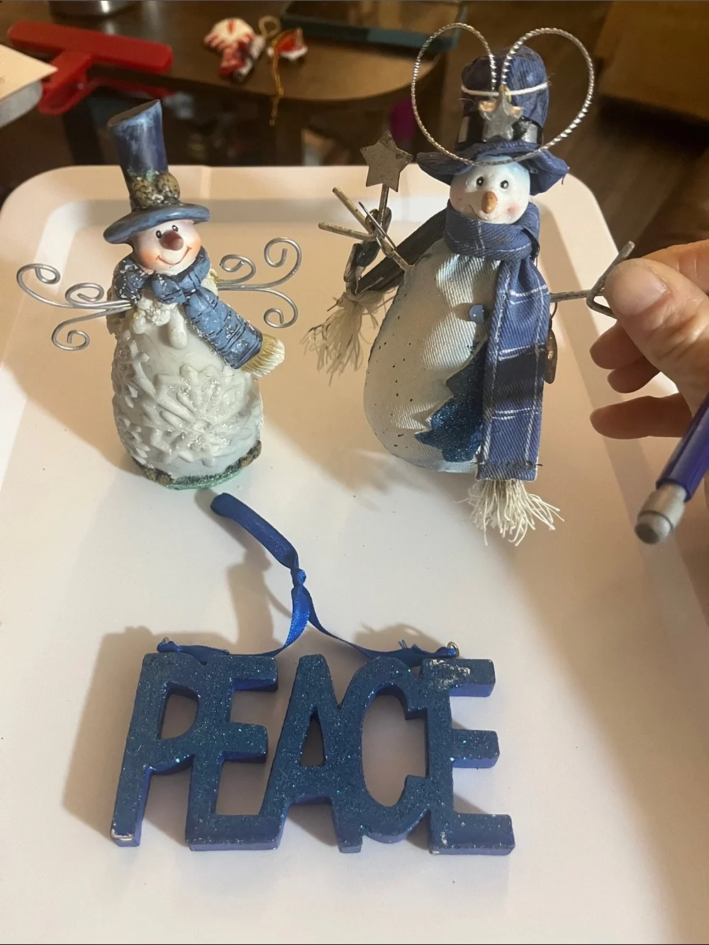 Holiday Snowman Ornaments and 'PEACE' Hanging Decor - Blue B6G